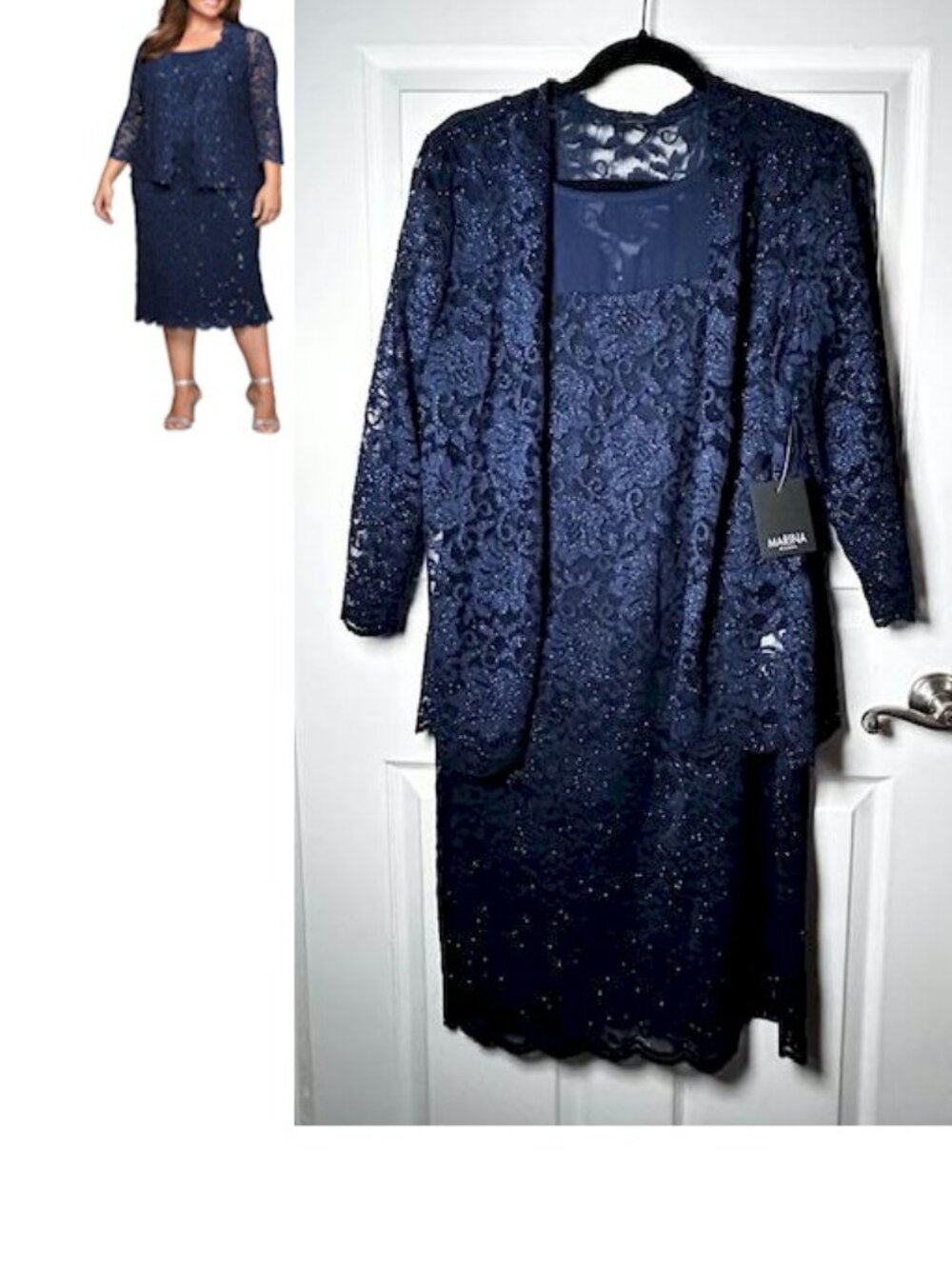 Marina Navy Sheath Lace Jacket Dress Size 14 New with Tags NWT
